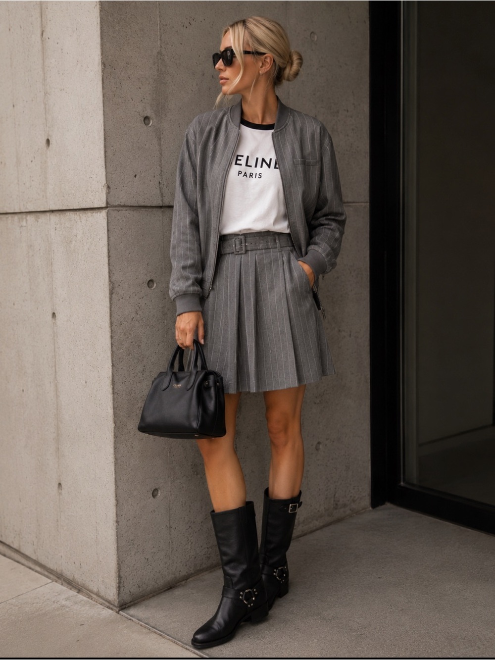 Scoop NYC Grey Pinstripe Pleated Belted Mini Skirt
